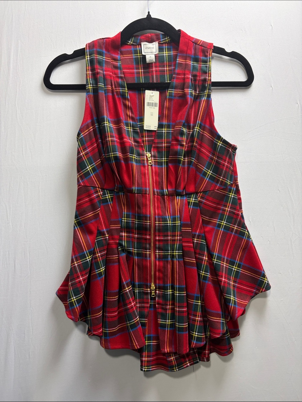 Maeve Red Plaid Fitted Preppy Dark Academia Holiday Vest XS waist with Gold Zip